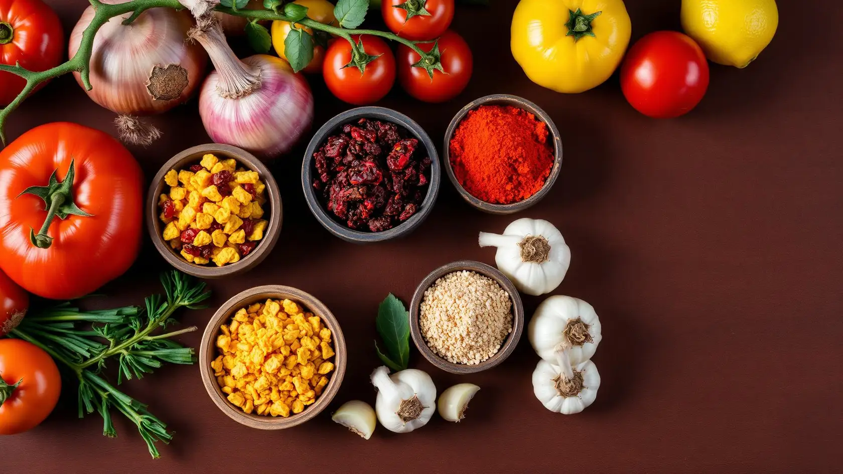 Fresh vegetables and citrus beside vibrant freeze-dried powders